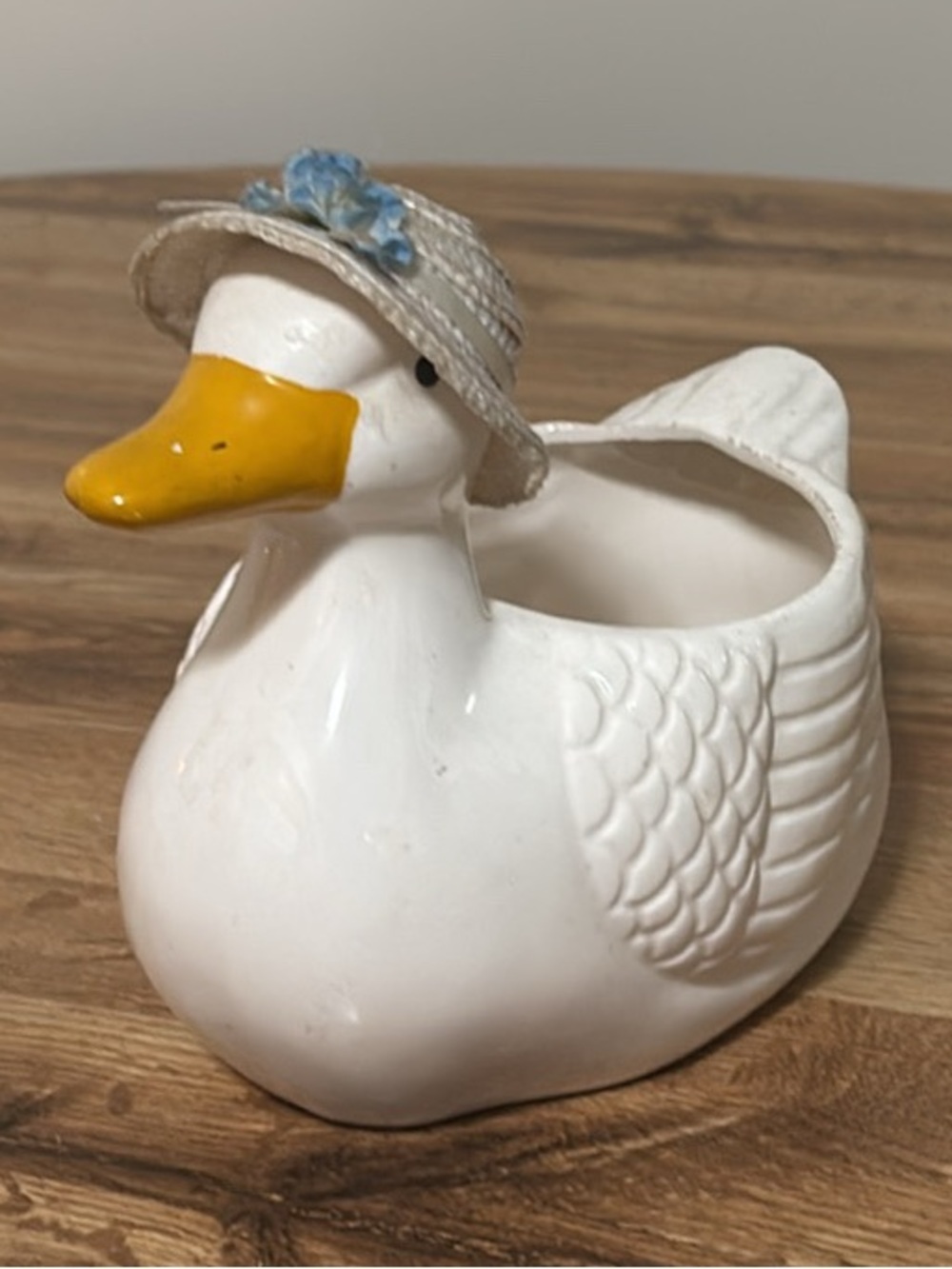 Vintage Ceramic Duck Planter with Straw Hat